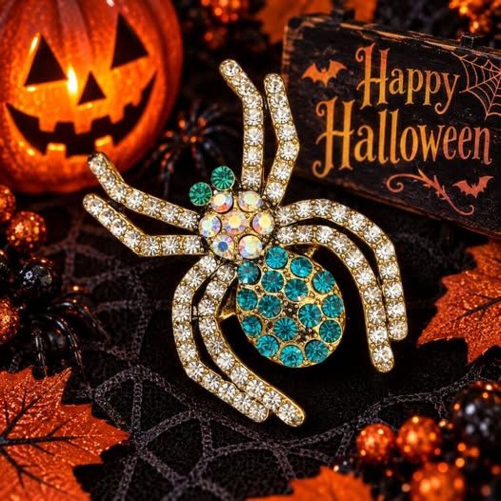 Rhinestone Blue Spider Brooch Pin – Halloween Jewelry 2"